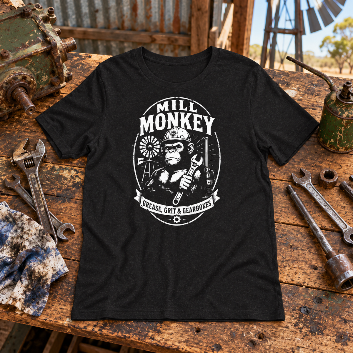 Mill Monkey Tee on a rural Australian mechanical workbench