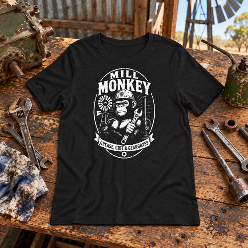 Mill Monkey Tee on a rural Australian mechanical workbench